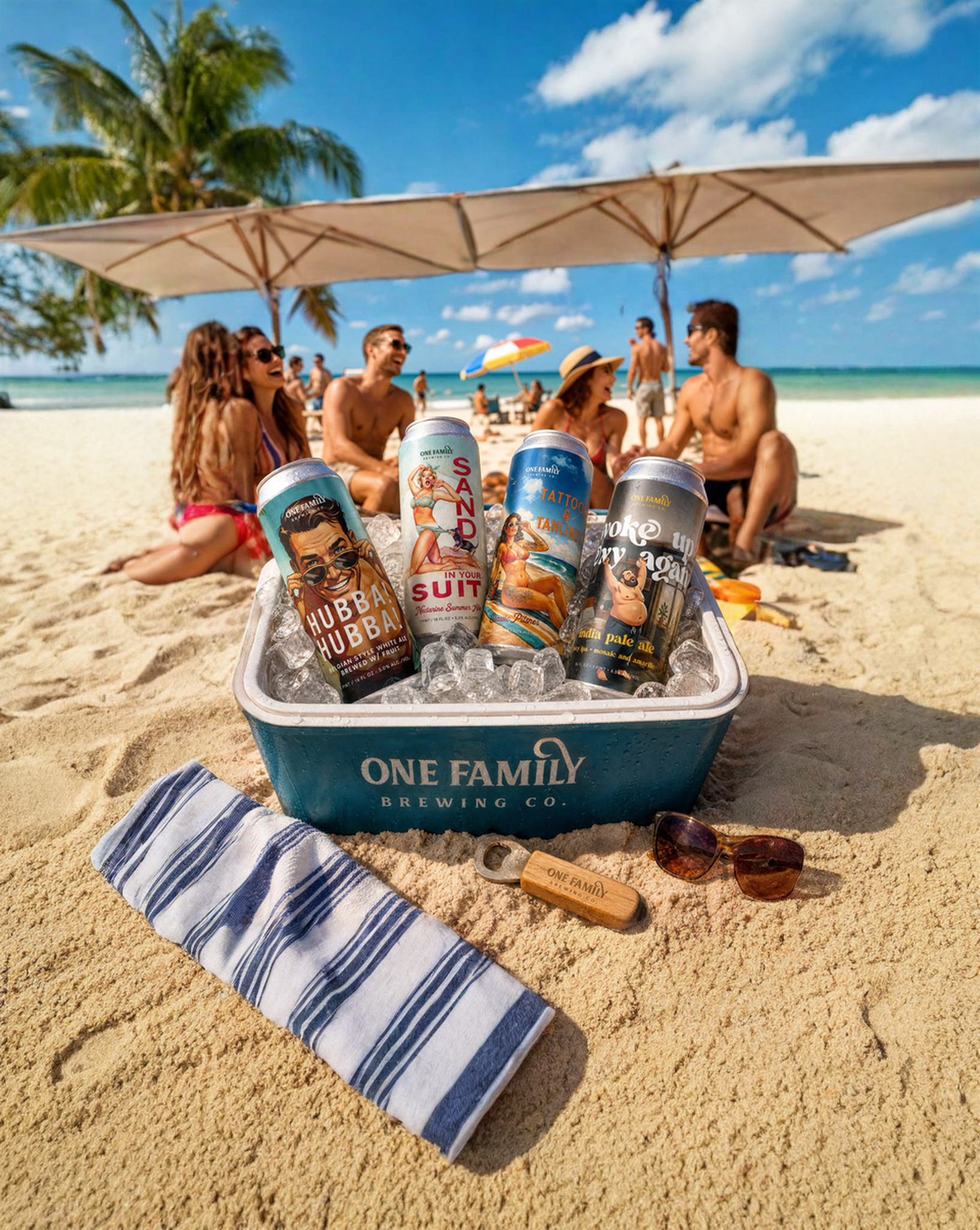 One Family Brewing beer cans in a cooler on the beach