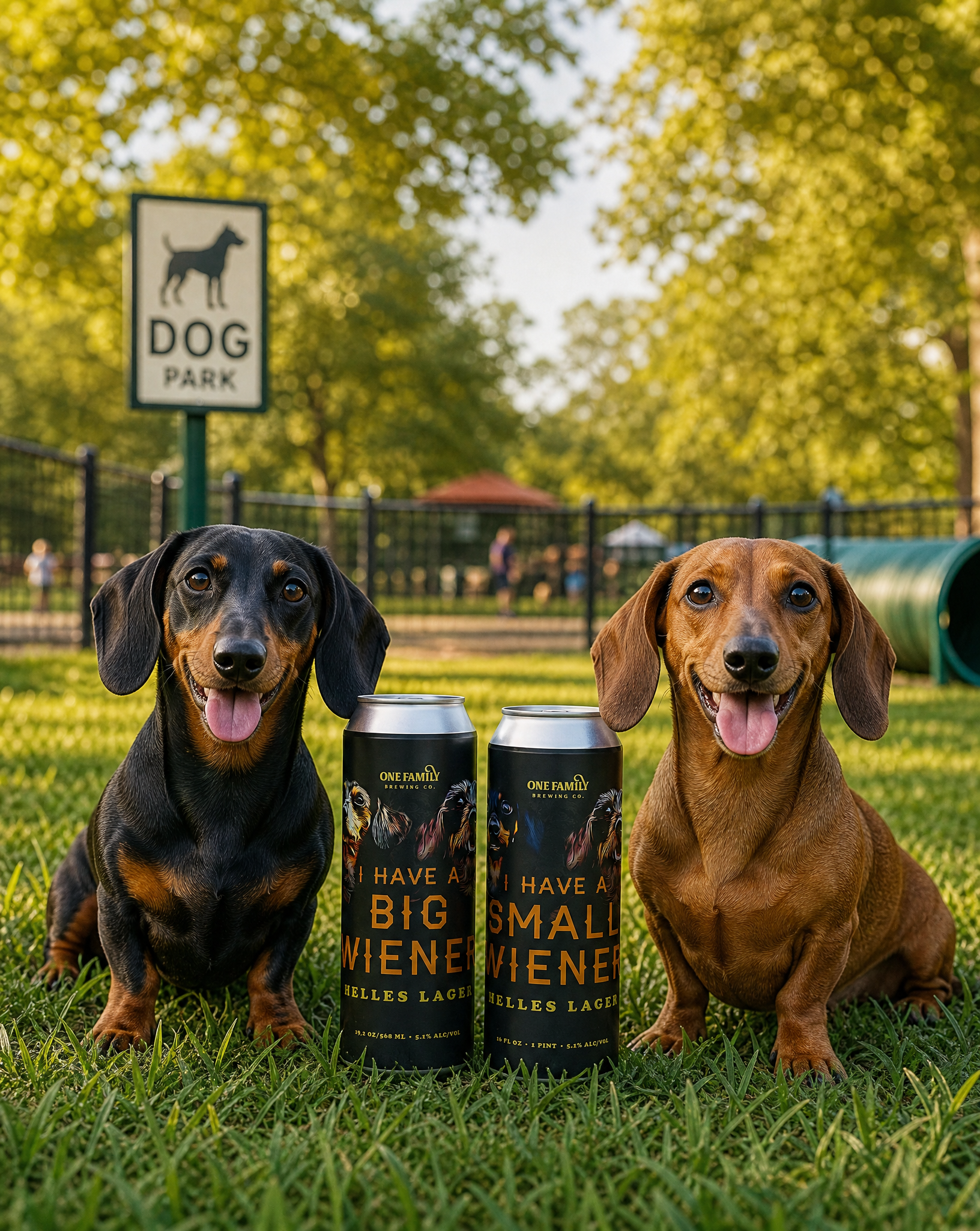 I Have a Small Wiener beer cans with dachshunds at a dog park