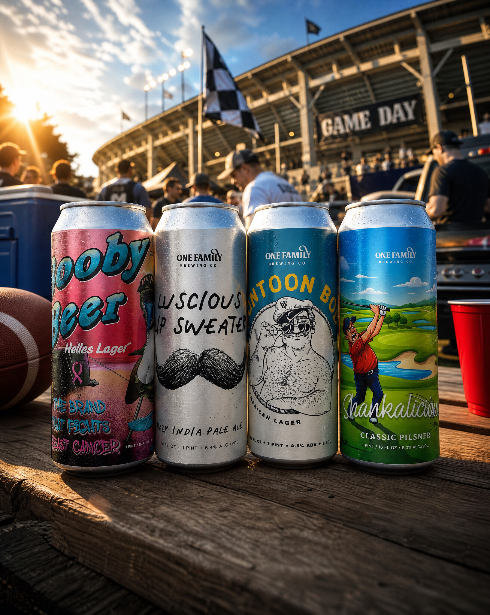 One Family Brewing beer cans at a game day tailgate