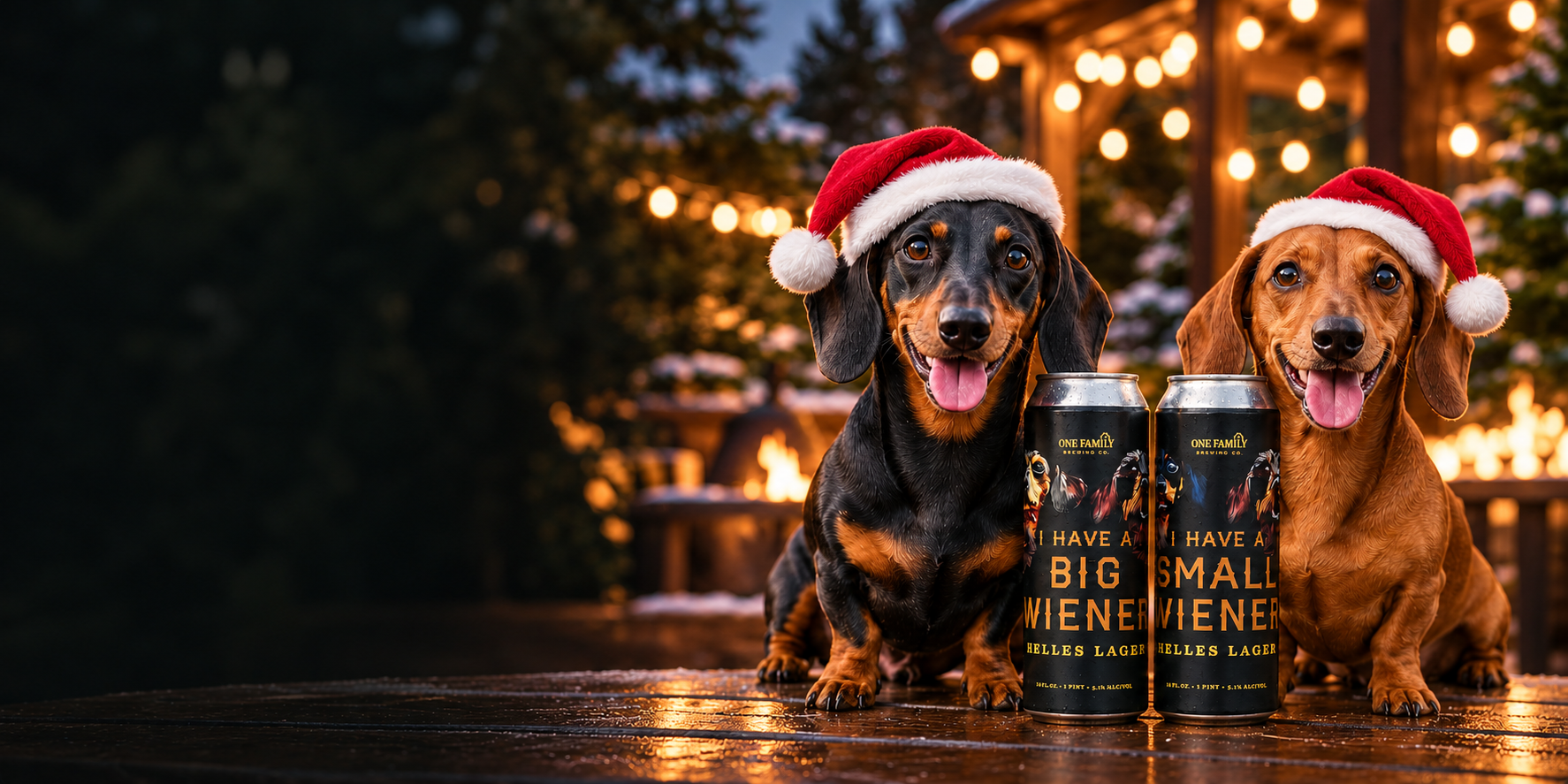 Two dachshunds in Santa hats with One Family Brewing beer